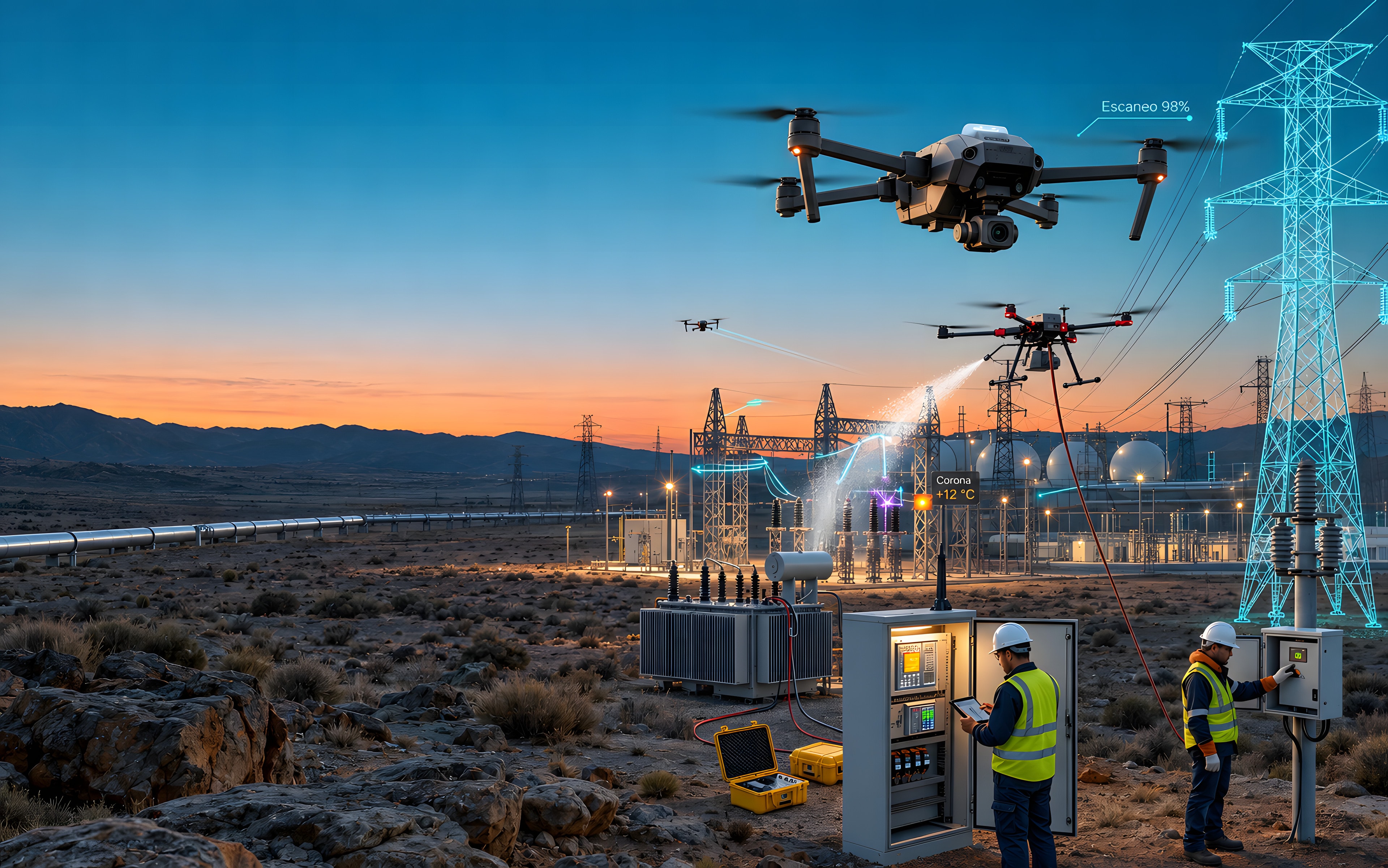 Drones inspeccionando una subestación y una torre de alta tensión al anochecer, con técnicos junto a un gabinete de control